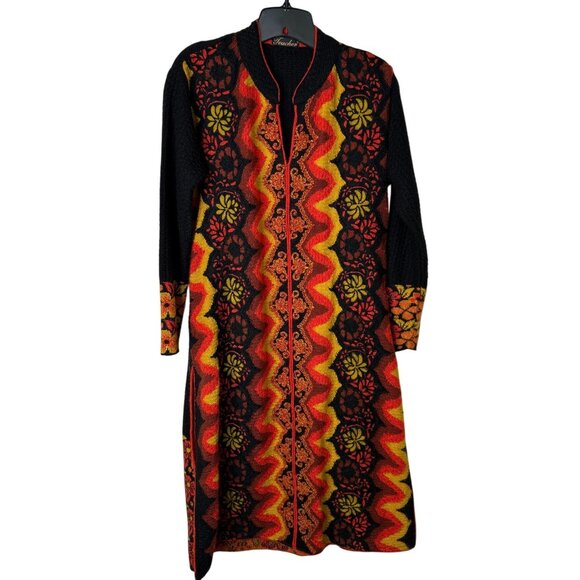 Teacher Long Knit Sweater Black Multicolor Floral Jacquard Pattern L Boho Artsy - Picture 2 of 9